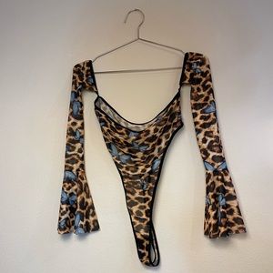 Leopard Thong Bodysuit with Flared Sleeves